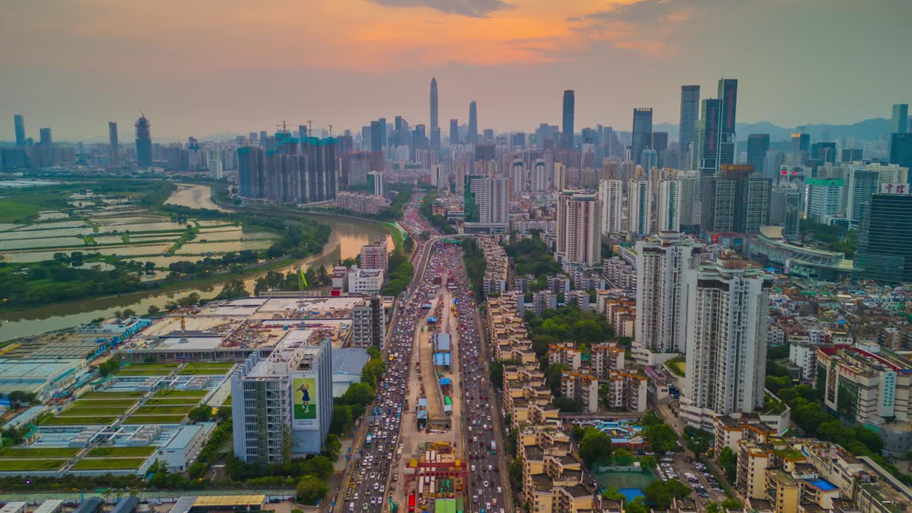 深圳智慧城市日出的空中超缩图视频下载