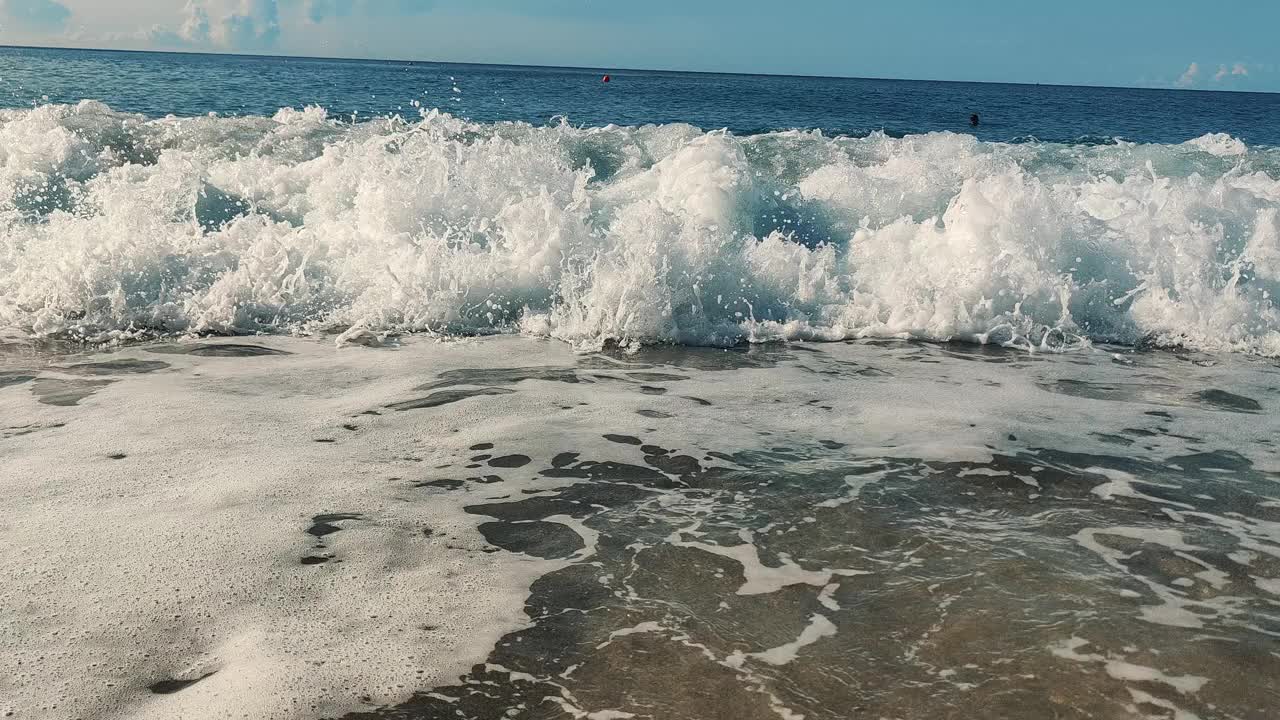 清爽的海洋泡沫在一个阳光明媚的海滩日，理想的夏季海报和卡片视频下载