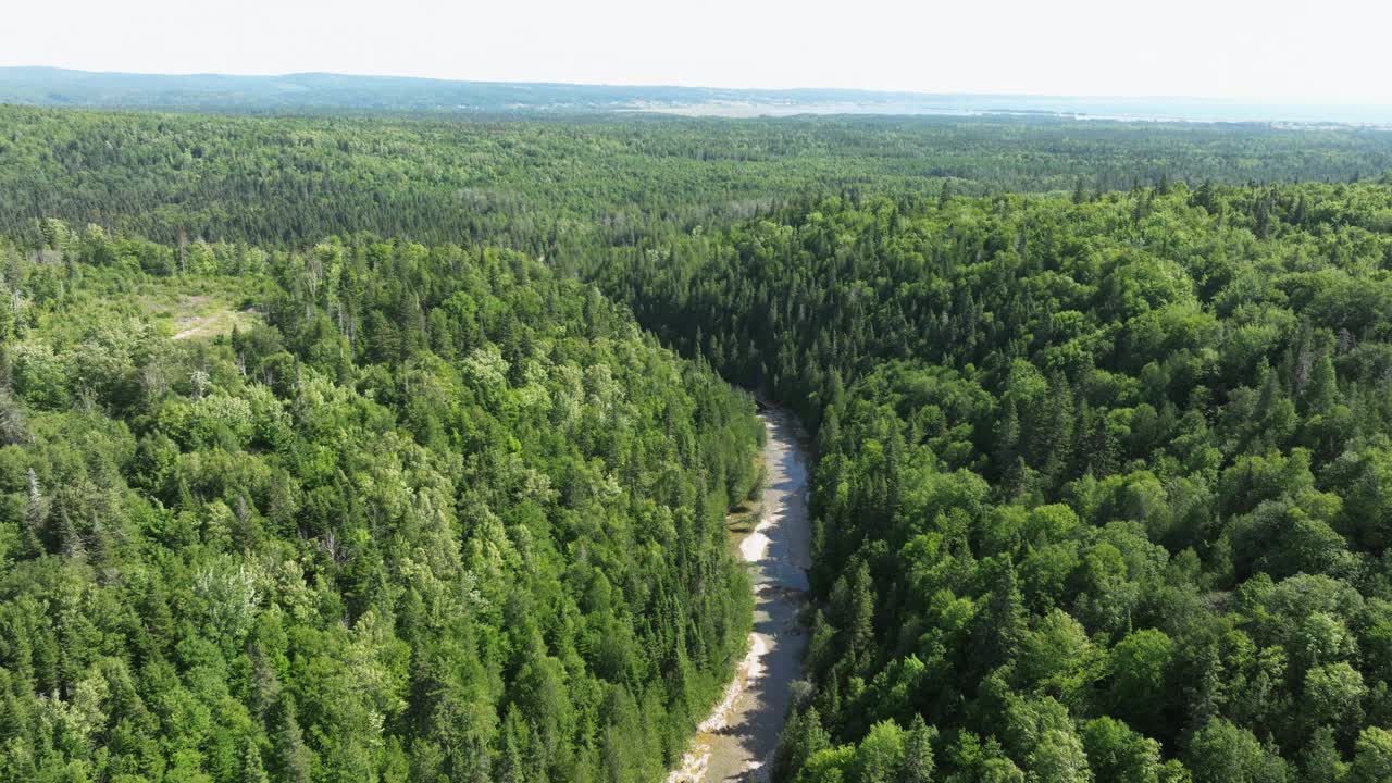 鸟瞰图翡翠河(Riviere Émeraude)在加斯普半岛，魁北克，加拿大视频下载