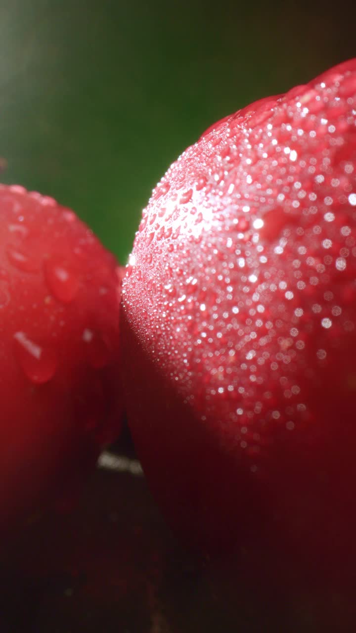 摄像机穿过红苹果，拍摄并关闭了桌子上最多汁的苹果视频素材