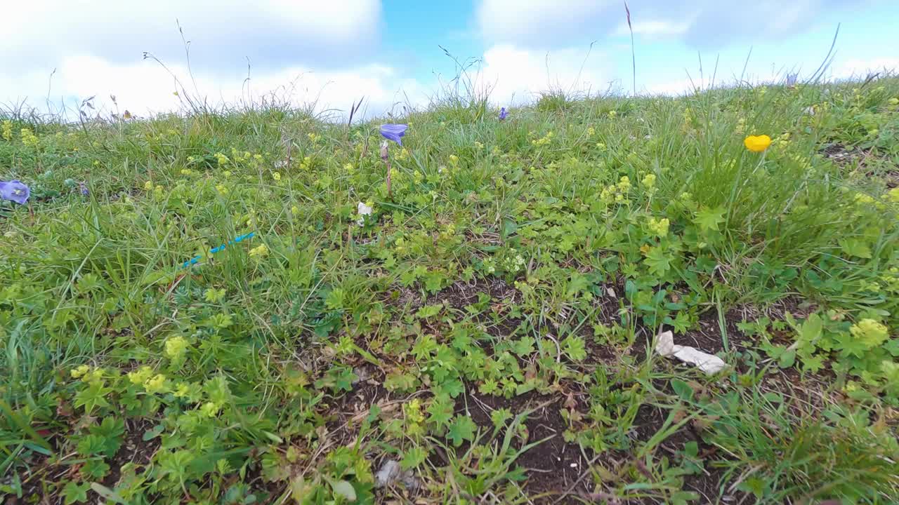 摄像机在地面低空飞行，在悬崖边缘盘旋视频下载