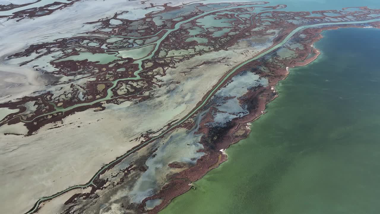 由芦苇和湿地如湖泊、溪流和泻湖的表面构造形成的几何和抽象形状。由于干旱和气候变化，湿地已经开始干涸。视频下载