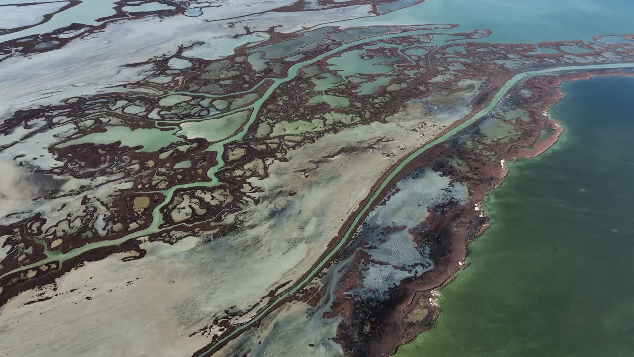 由芦苇和湿地如湖泊、溪流和泻湖的表面构造形成的几何和抽象形状。由于干旱和气候变化，湿地已经开始干涸。视频素材