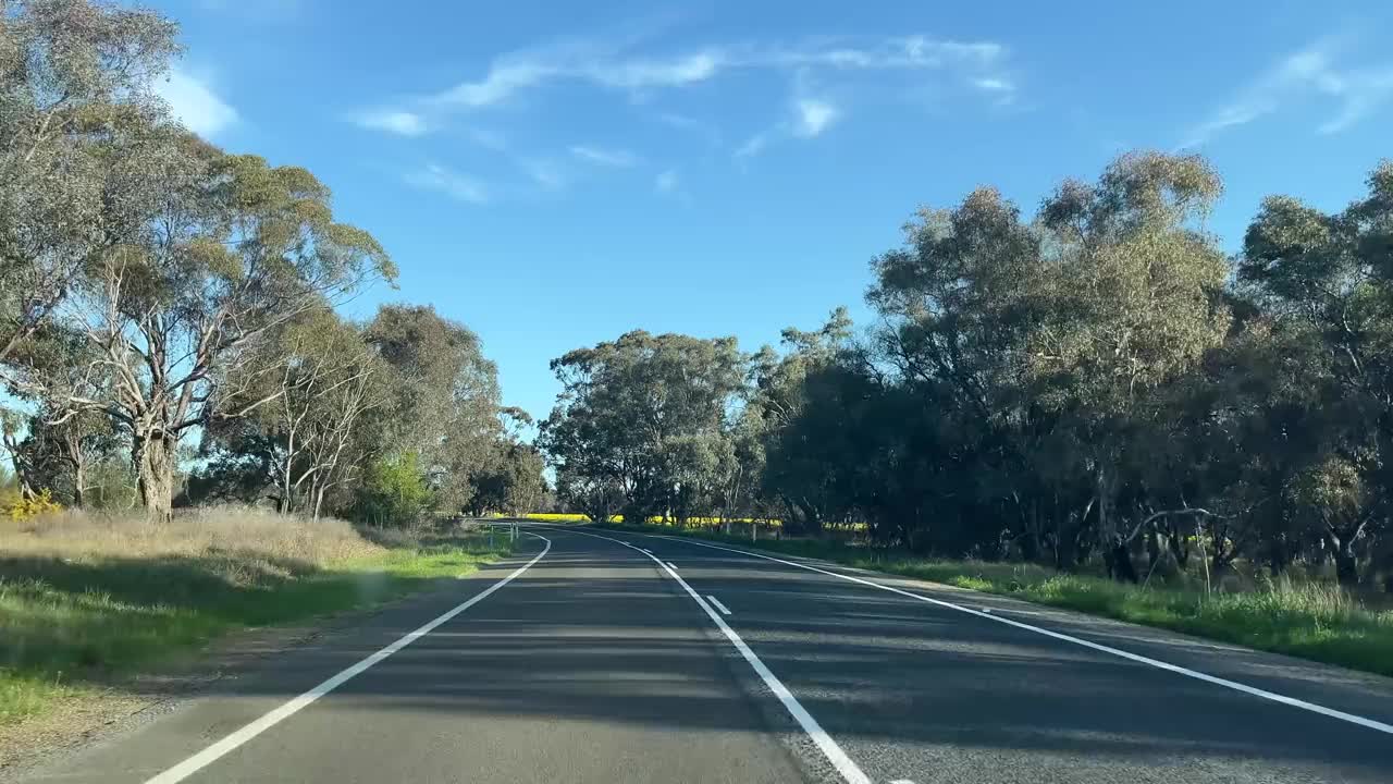 一辆汽车行驶在乡间的单车道高速公路上，经过油菜籽田，窗外的景色视频下载