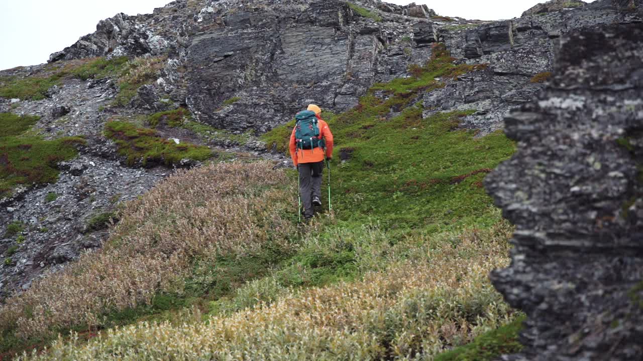 一名男子背着背包和登山杖走上山顶视频素材