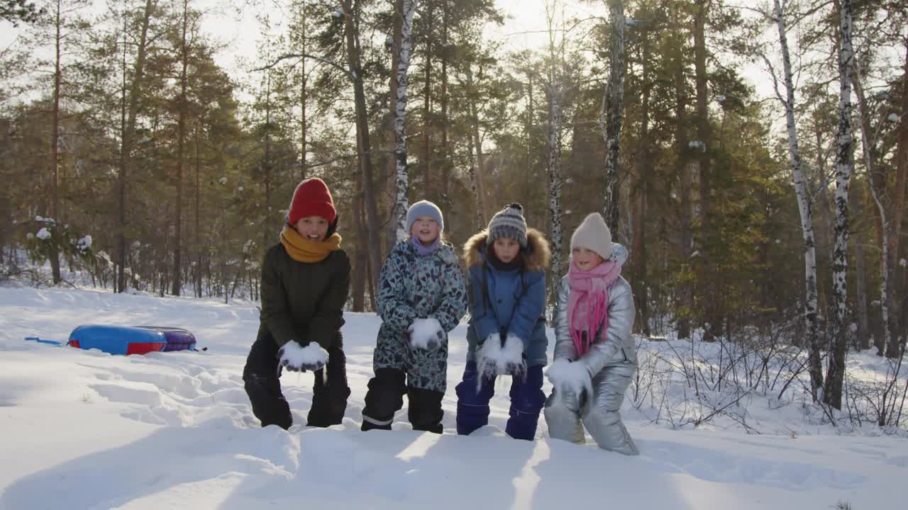 一群孩子在冬天的森林里扔软雪视频素材