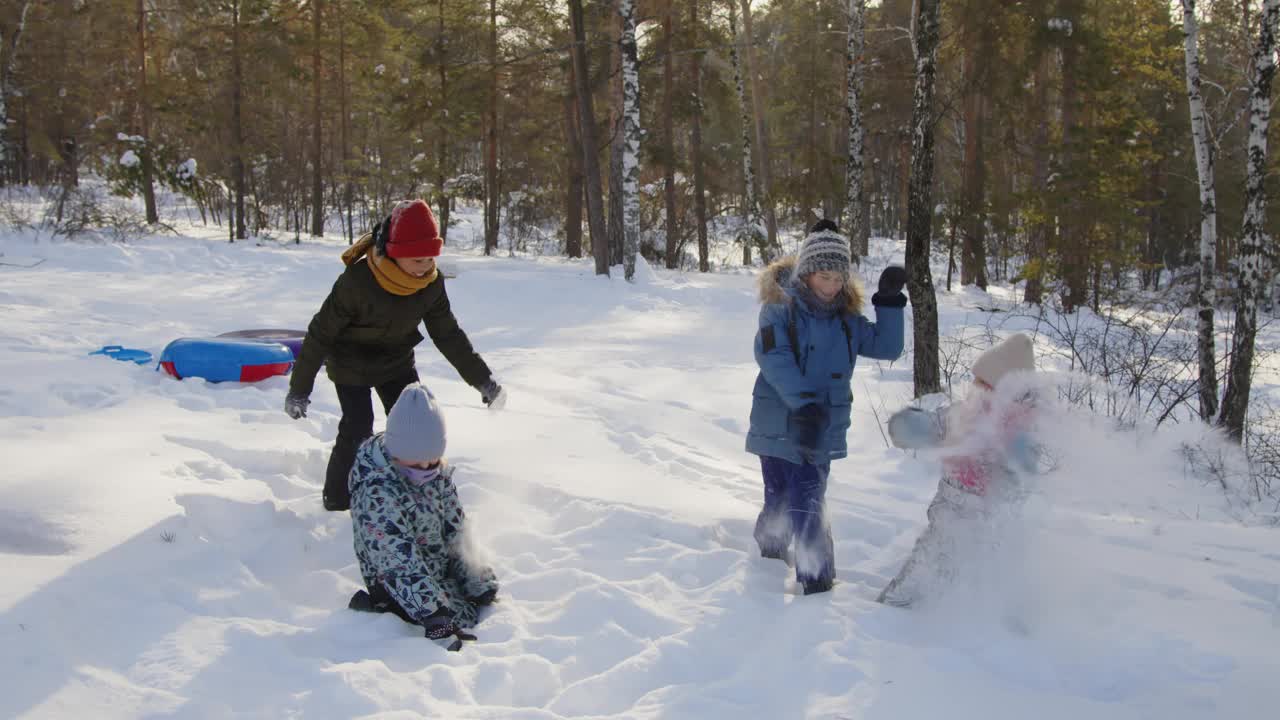 小男孩和小女孩在冬季公园玩雪视频素材