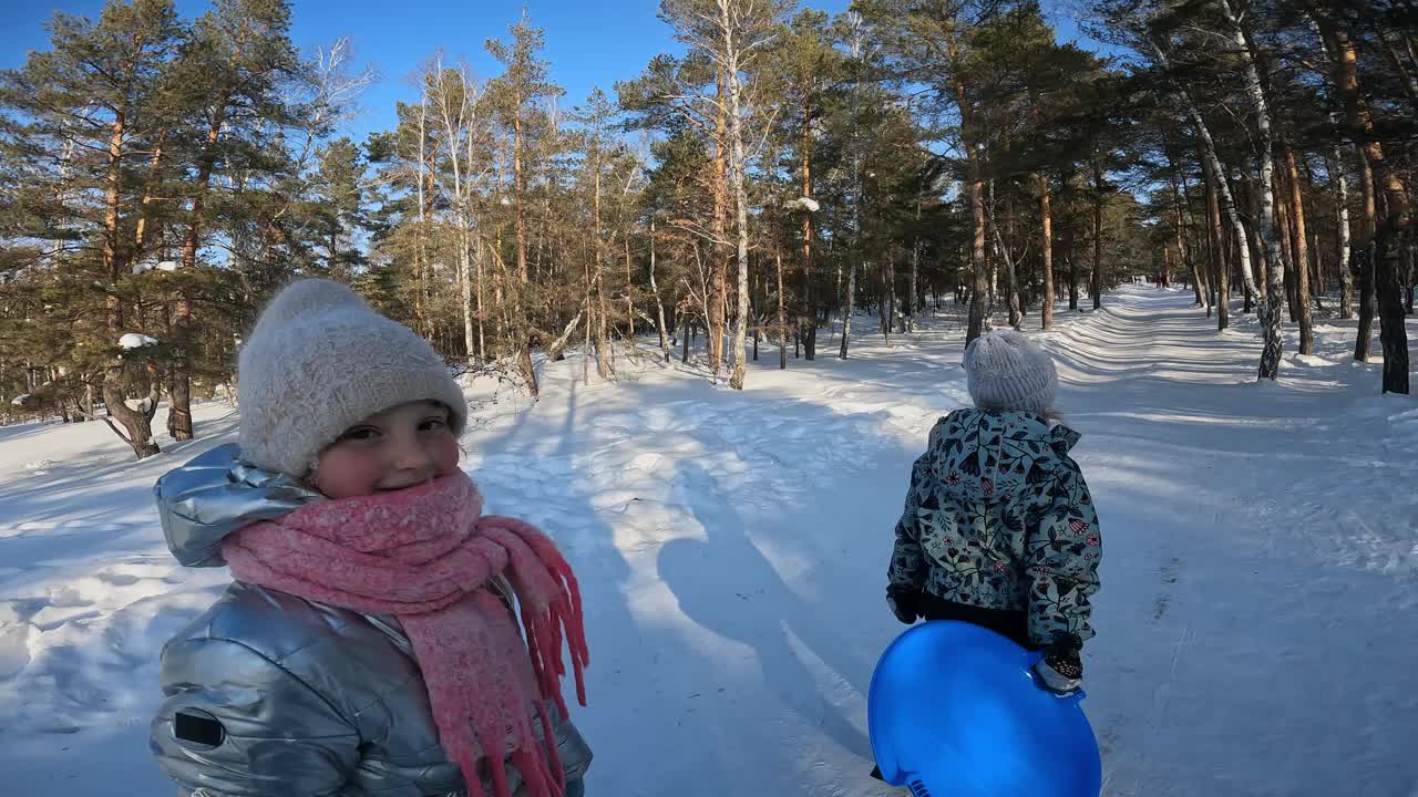 和朋友们一起带着雪管和碟子在树林里散步视频下载