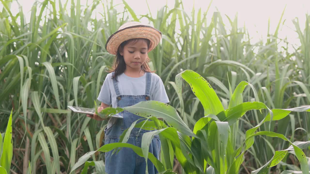 一名拿着药片的亚洲妇女走过玉米田，检查玉米秸秆以监测作物生长情况。智能农业概念。视频素材