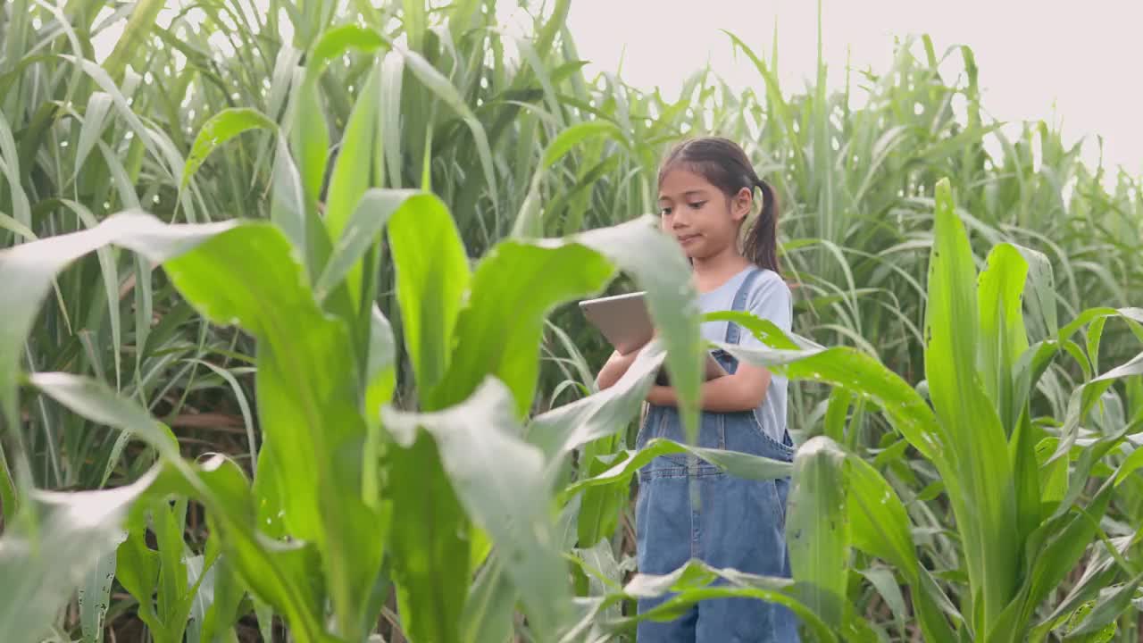 一名拿着药片的亚洲妇女走过玉米田，检查玉米秸秆以监测作物生长情况。智能农业概念。视频下载