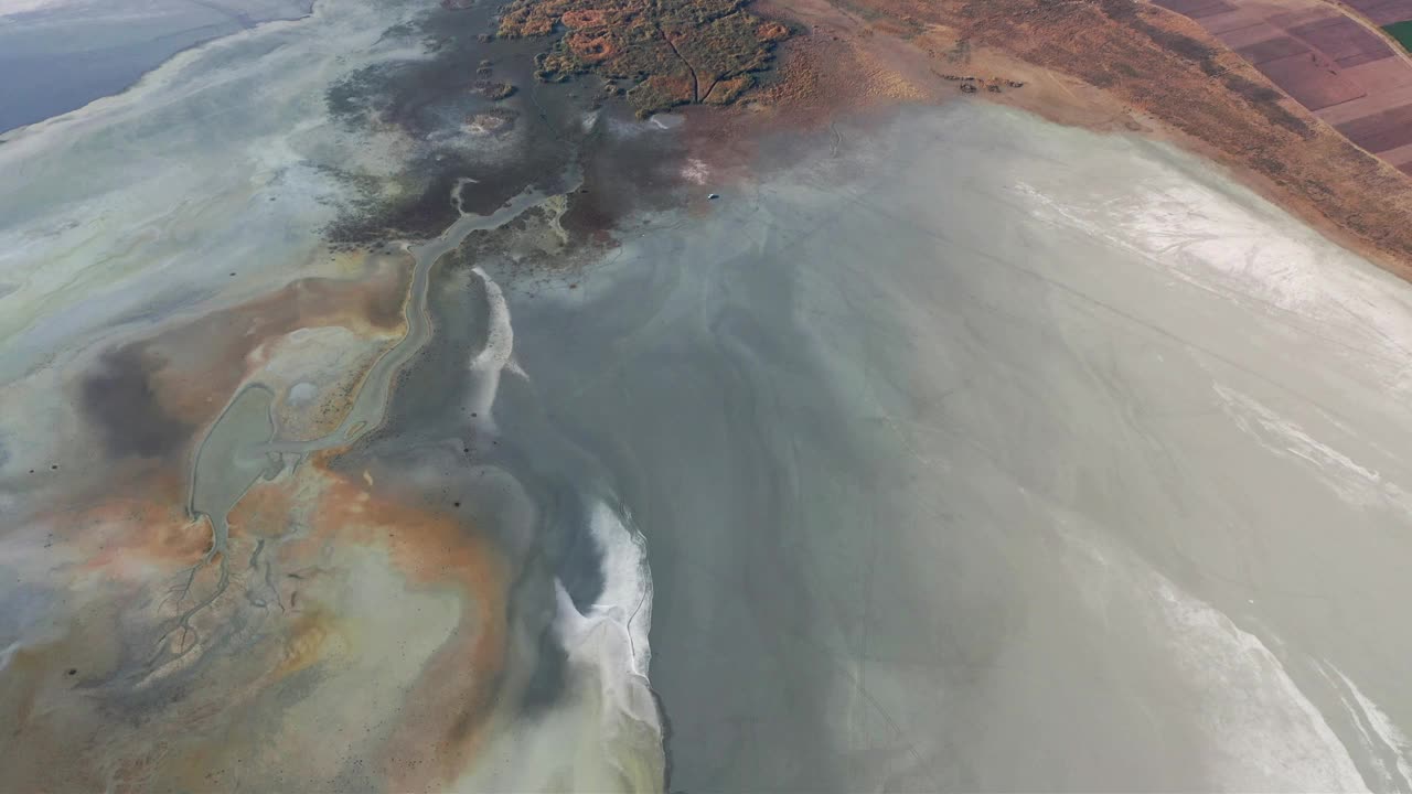 盐湖，多彩的湖水，矿泉水资源，湖中生命，地貌，水位下降和干旱临近，全球气候危机，消失的湖泊，无人机拍摄的视频，消失的栖息地，动物和自然视频下载