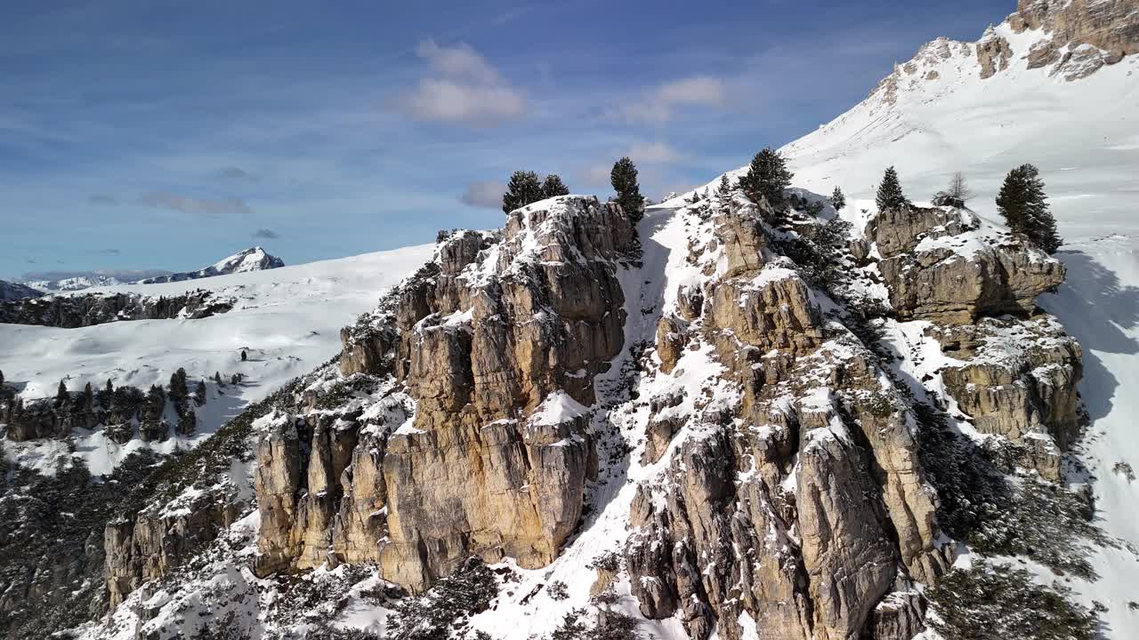 阿尔卑斯山雄伟的冬季景观，白雪覆盖的山峰和岩层视频素材