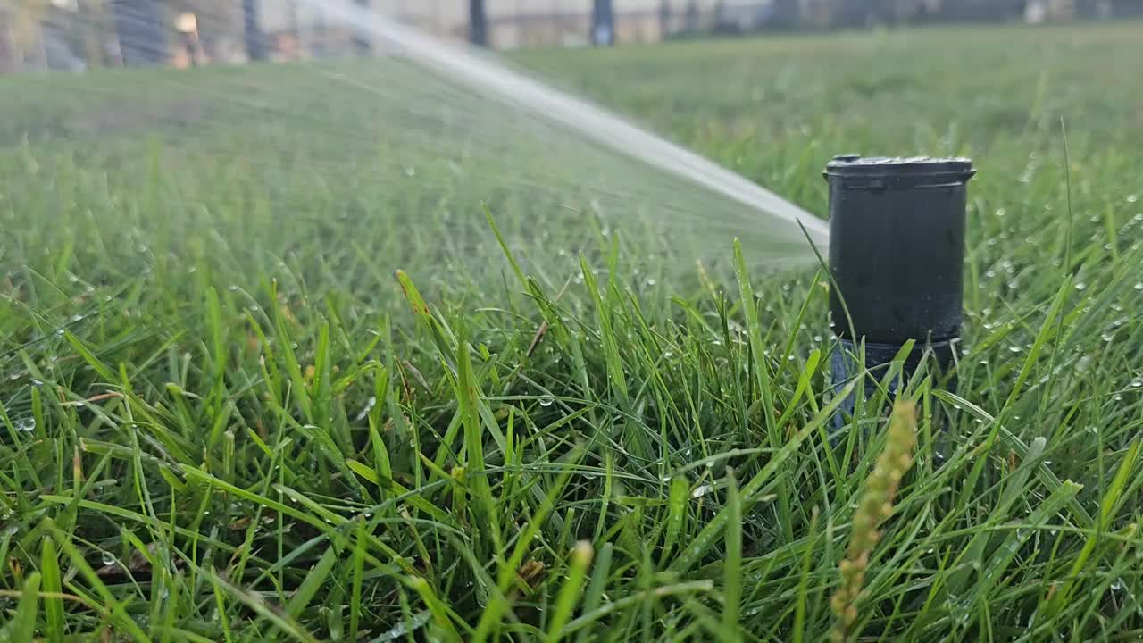 在一个阳光明媚的下午，洒水器在住宅花园里浇灌郁郁葱葱的绿草视频下载