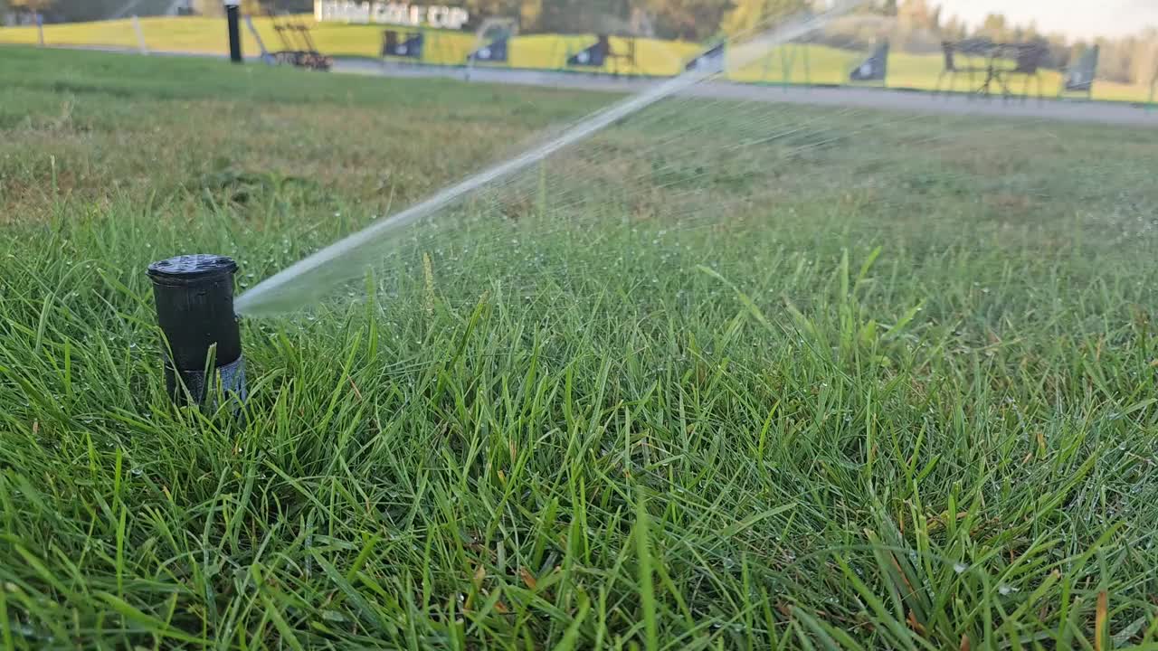 在一个阳光明媚的日子里，洒水器在住宅草坪上浇灌郁郁葱葱的绿草视频下载