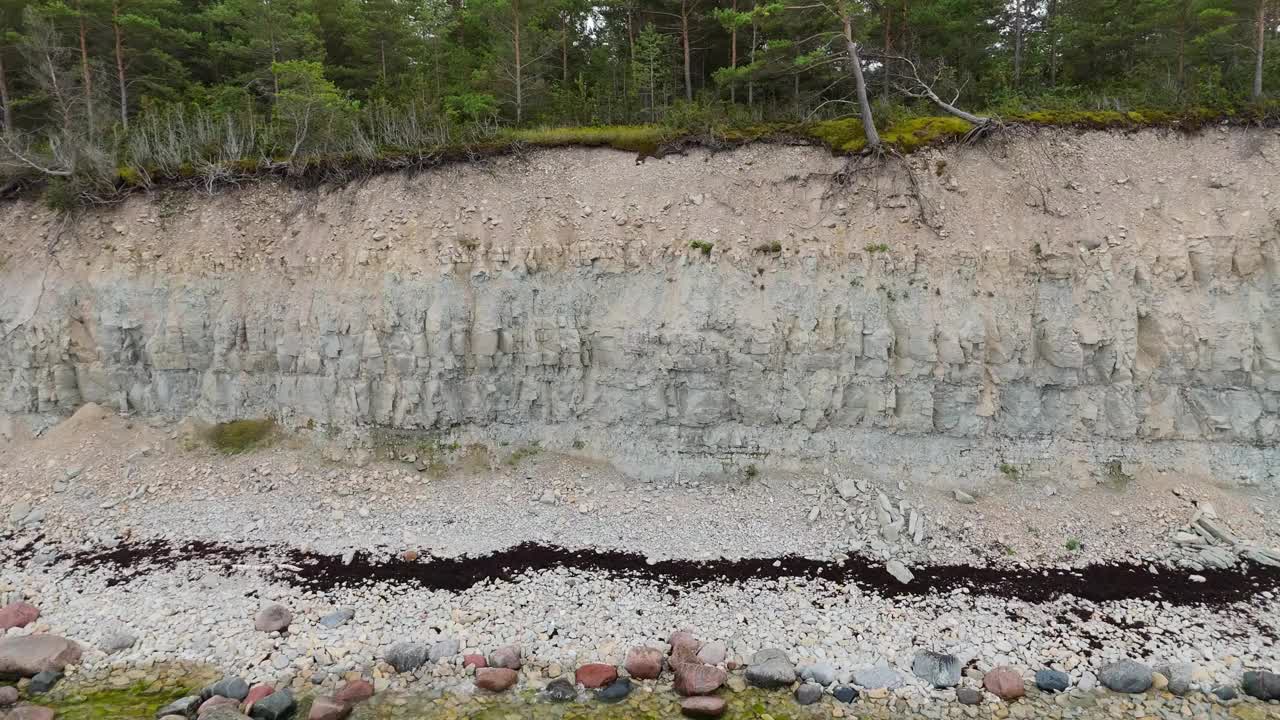 波罗的海Kuressaare附近的Saaremaa岛北岸，Panga海岸悬崖和灯塔。萨雷马，爱沙尼亚。潘加悬崖的4K全景航拍视频视频素材