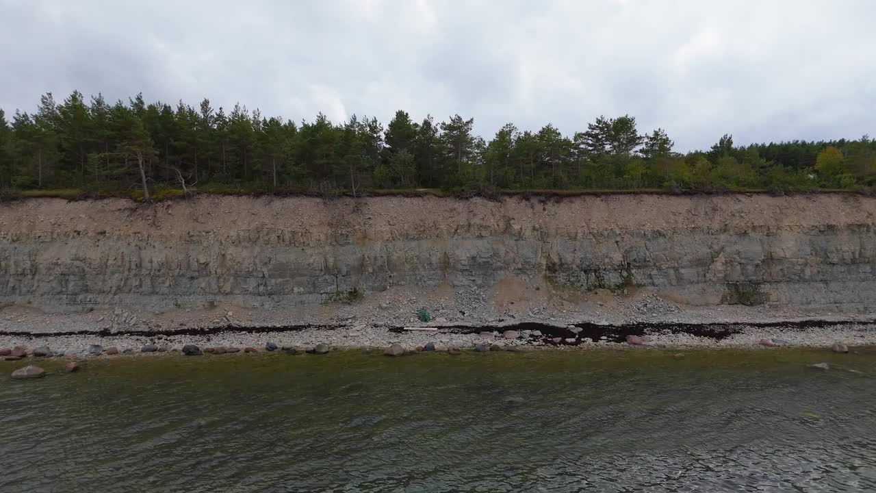 波罗的海Kuressaare附近的Saaremaa岛北岸，Panga海岸悬崖和灯塔。萨雷马，爱沙尼亚。潘加悬崖的4K全景航拍视频视频下载