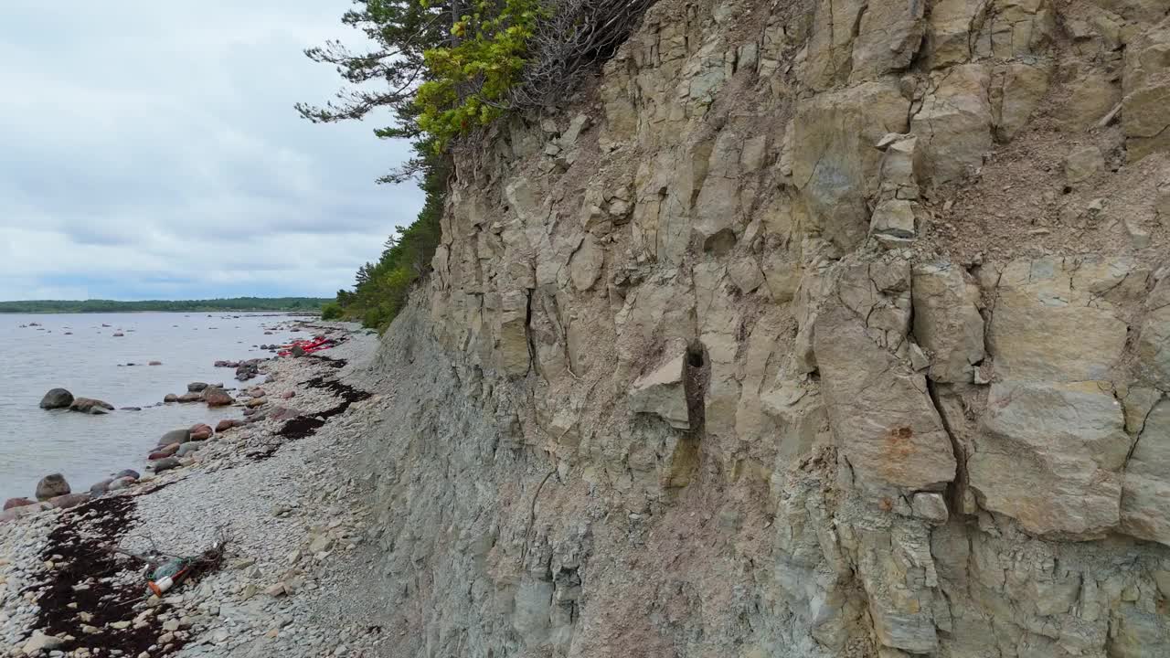 波罗的海Kuressaare附近的Saaremaa岛北岸，Panga海岸悬崖和灯塔。萨雷马，爱沙尼亚。潘加悬崖的4K全景航拍视频视频下载