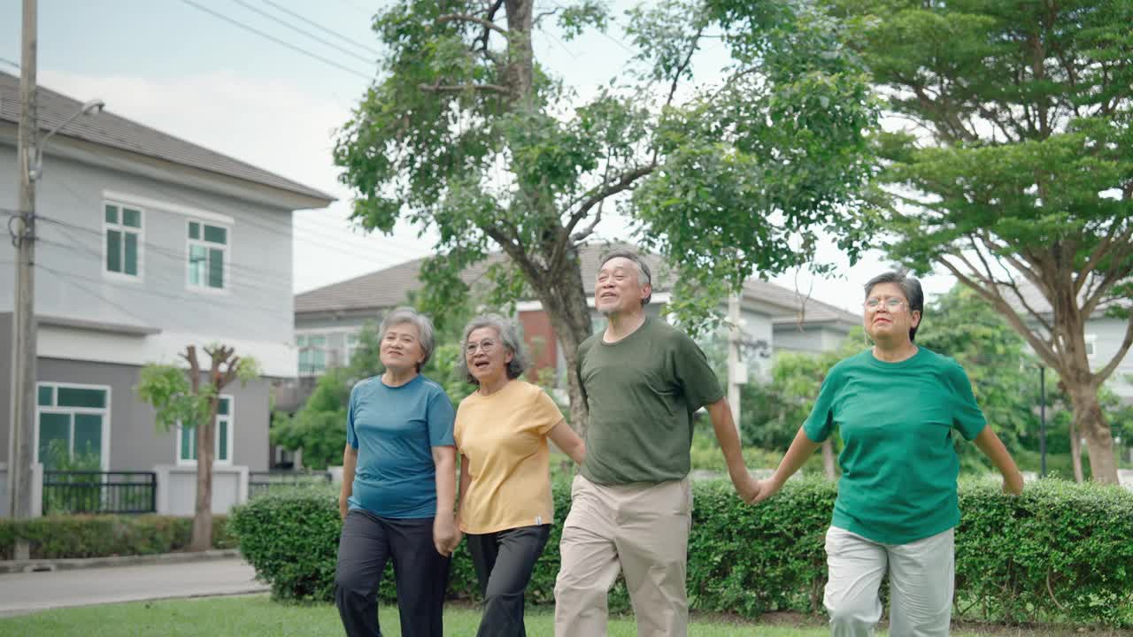 一群上了年纪的朋友正在公园散步和锻炼。视频下载