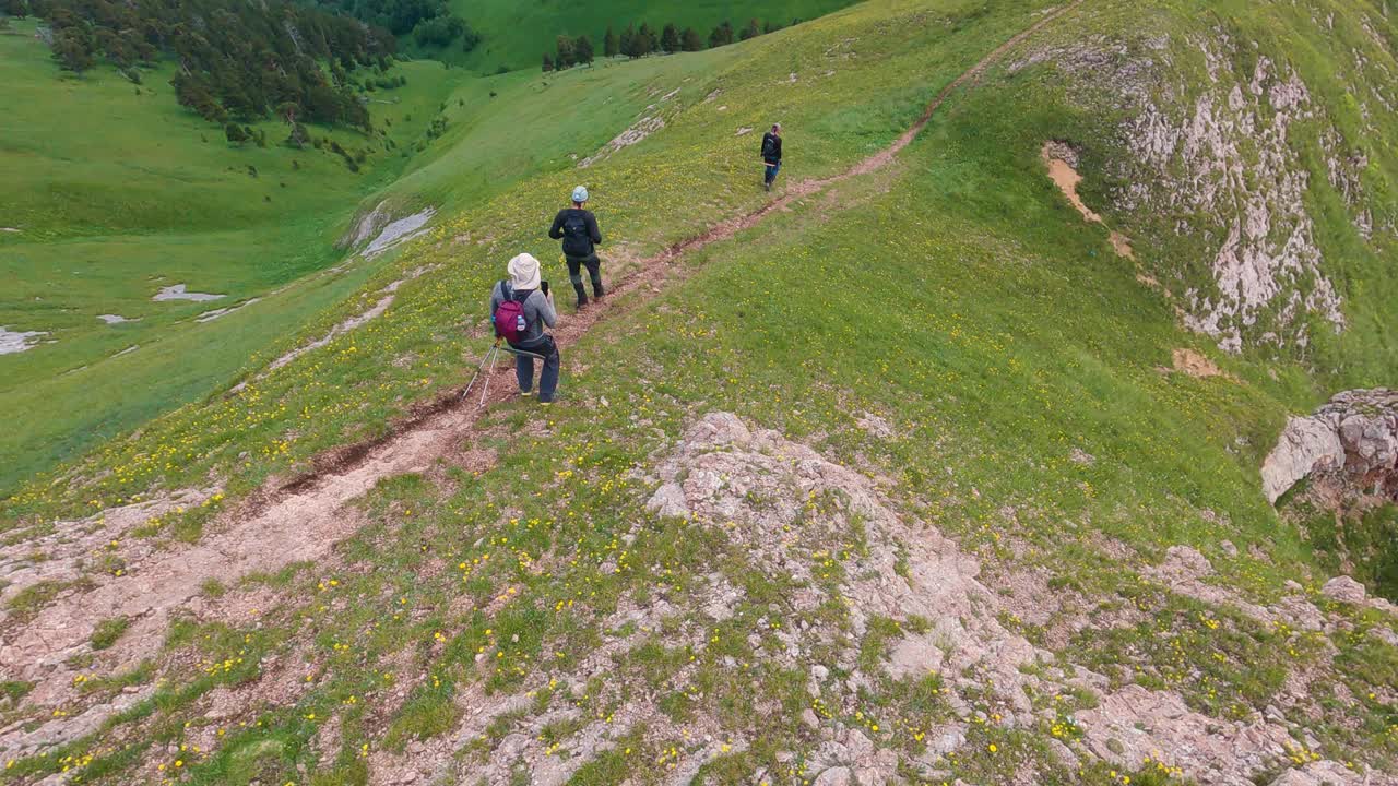 一群徒步旅行者从长满草的山间小路上走下来视频下载