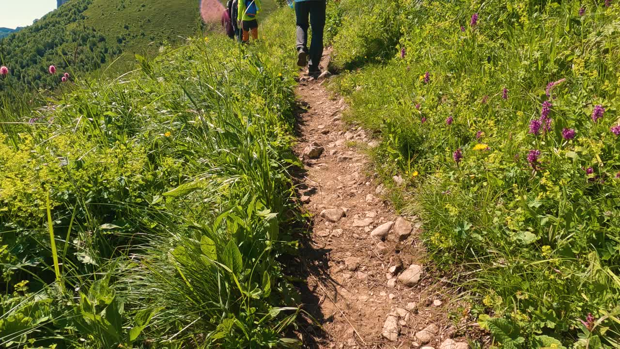 摄像机跟随一群游客沿着山腰的小路行走视频素材