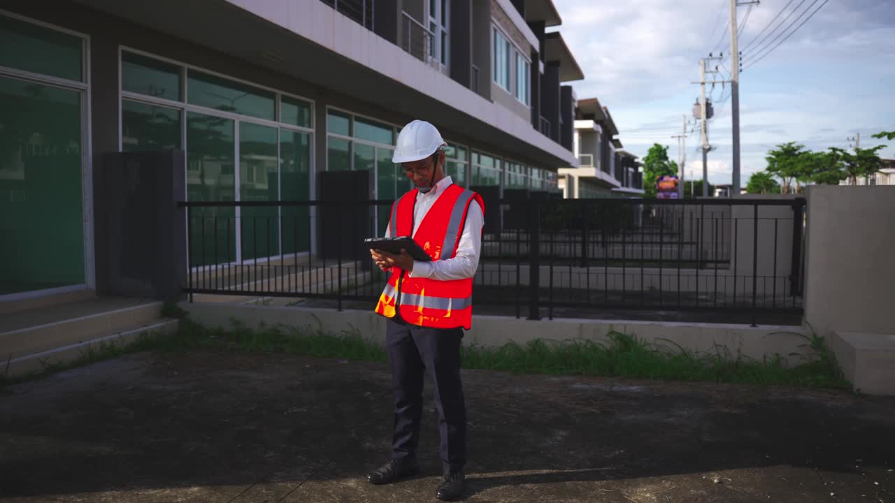 戴着安全帽的年轻男工程师手持建筑检查板进行装修检查项目房地产开发4k视频慢动作视频下载