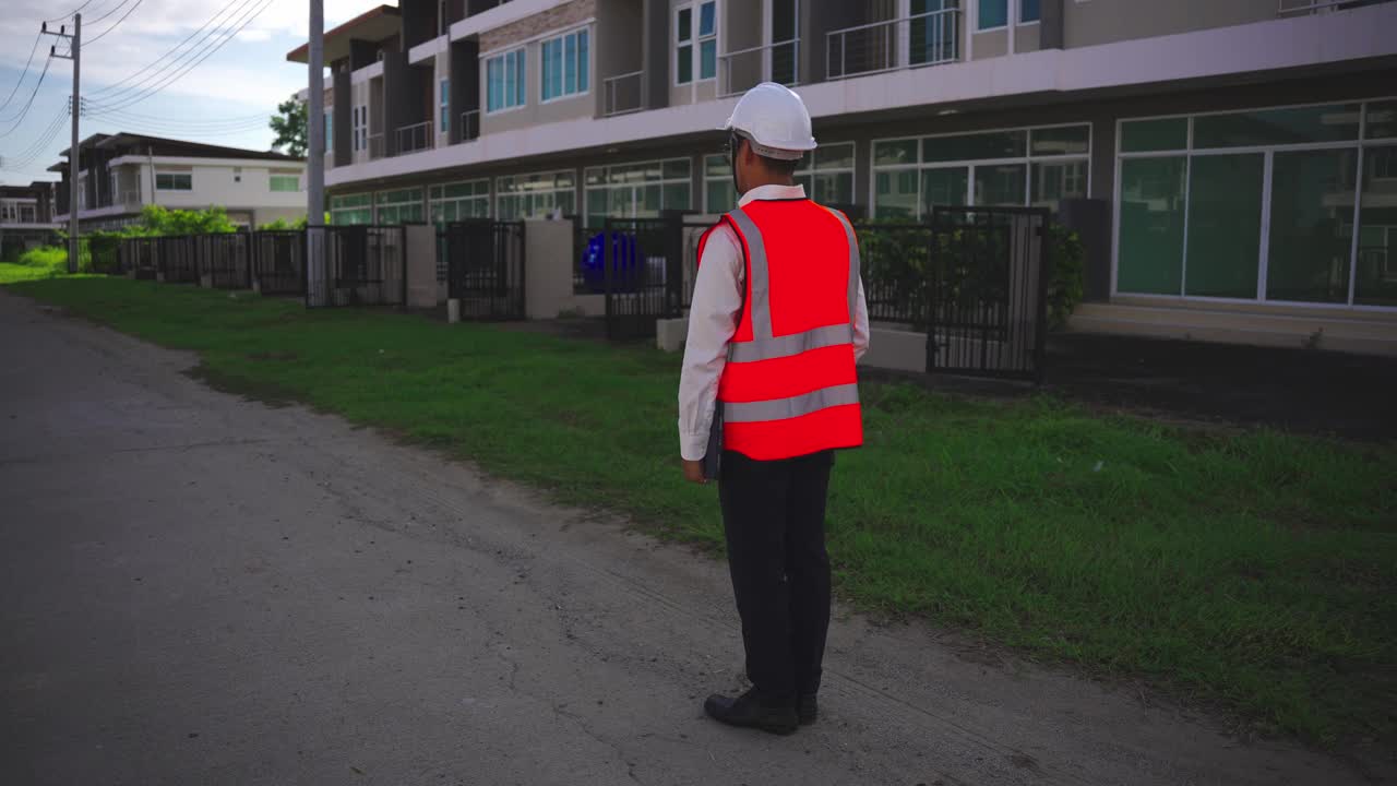 戴着安全帽的年轻男工程师手持建筑检查板进行装修检查项目房地产开发4k视频慢动作视频下载