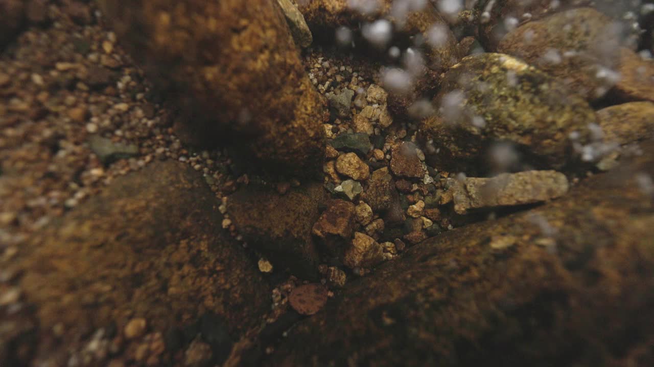 水下自然景观与树叶轻轻地流下岩石底部的溪流在热带雨林视频素材