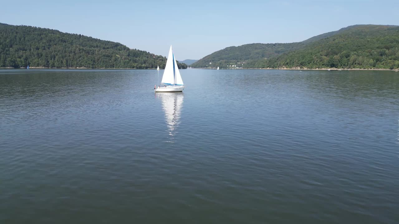 在一个慵懒的夏日里，帆船在贝斯奇山平静的湖面上航行，周围环绕着绿色植物——无人机鸟瞰图4K视频素材