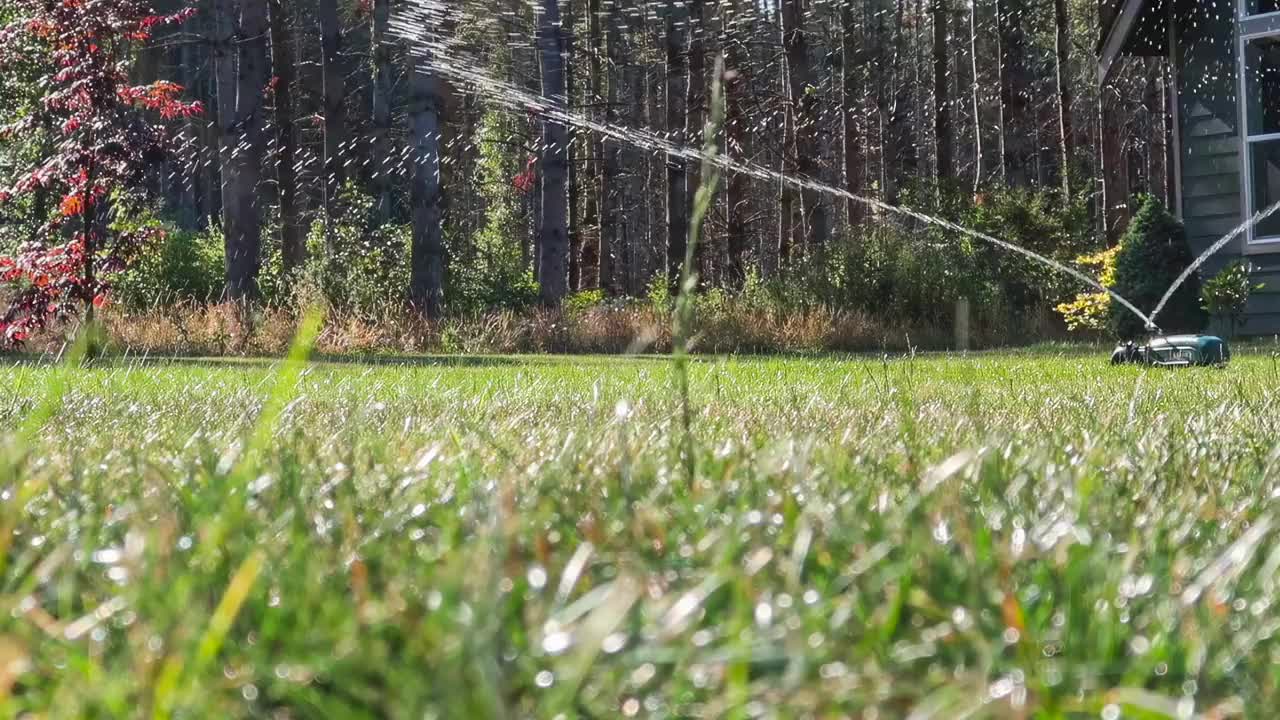 自动旋转洒水器正在浇灌郊区一户人家门前的草坪视频下载