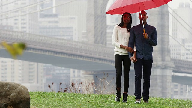 慢镜头中，一对夫妇手拉着手，撑着雨伞穿过公园走向镜头，布鲁克林大桥就在他们身后视频素材