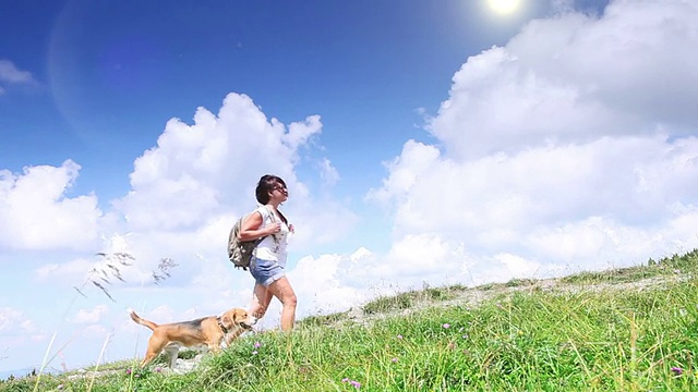 完美的夏日天气:一名年轻女子带着她的宠物小猎犬在山里散步视频素材