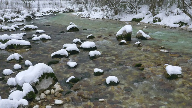 空中特写:绿松石河在多雪的冬天视频素材