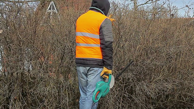 园林工人与灌木切割机附近的春天灌木视频素材