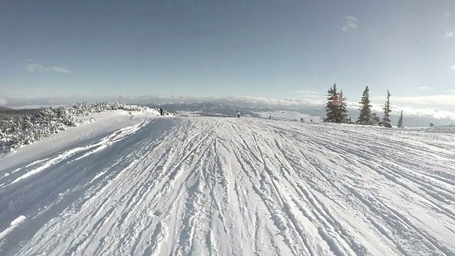 在美丽的冬日里，滑雪者从雪坡上滑下来视频素材