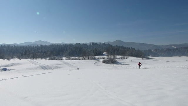 休闲越野滑雪在一个阳光明媚的日子视频素材