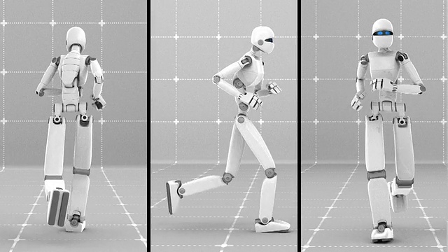白色未来机器人在室内慢跑。正面，侧面和背面视图视频下载