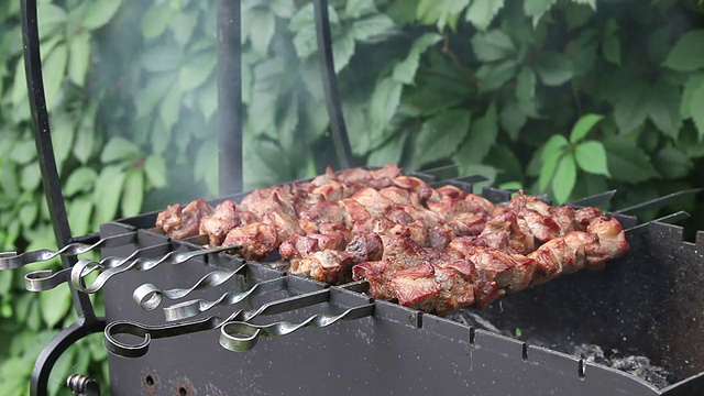 男子用烤肉串准备猪肉串视频素材