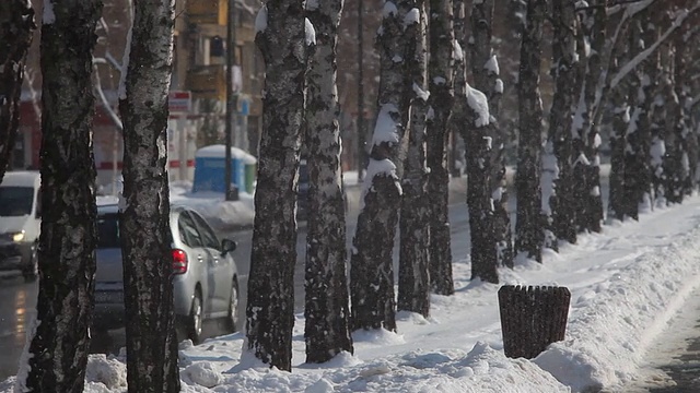 冬天下雪，汽车，交通和人们走路视频素材