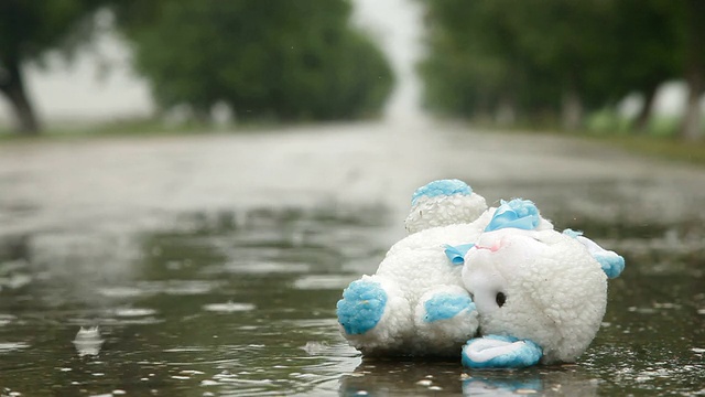 在雨中的水坑里丢失的玩具视频素材