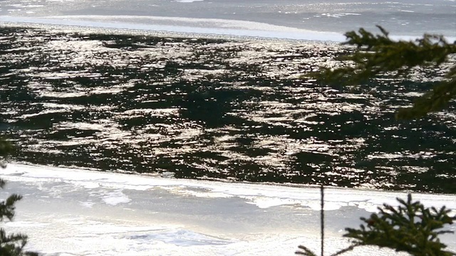 河水在雪地里流淌。视频素材