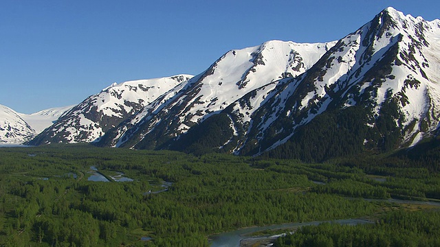 空中拍摄的森林溪流和雪山，阿拉斯加视频素材