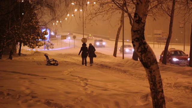 走在雪城的街道上视频素材