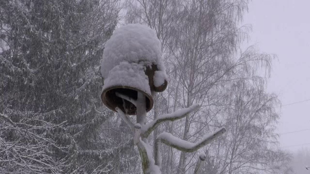 雪灾和旧陶罐在农家花园里视频素材