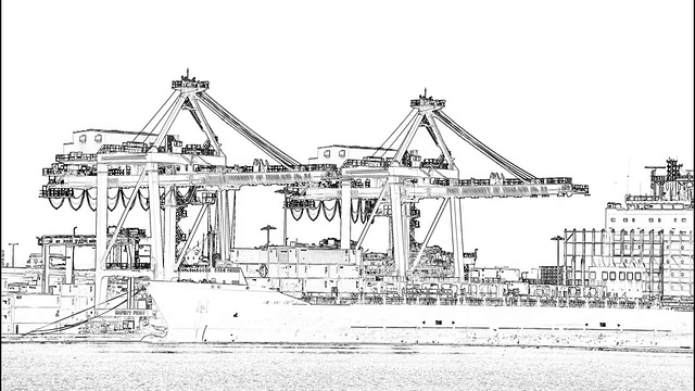 物流供应链概念，港口集装箱货船运输进出口及起重机，素描铅笔，时间流逝视频素材