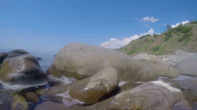 海浪中岩石间的大理石石蟹视频素材