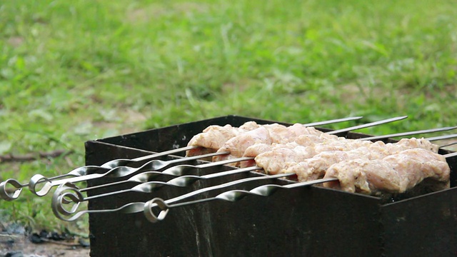 在炭火上煎肉，肉色变浓，肉刺在烤肉串上视频素材