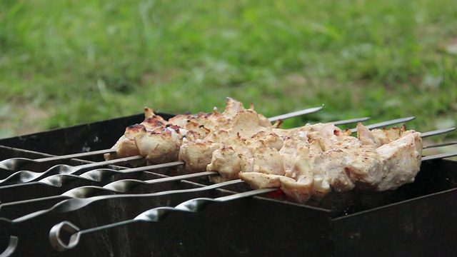 在炭火上煎肉，肉色变浓，肉刺在烤肉串上视频素材