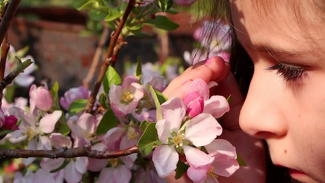 女人在闻苹果花，特写视频素材