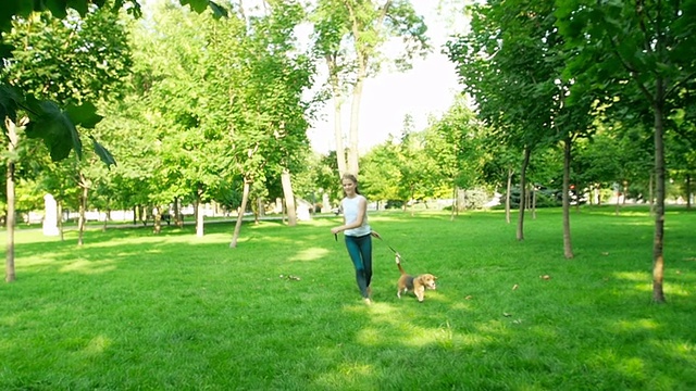 快乐的年轻女人和她的小猎犬慢跑。慢动作视频素材