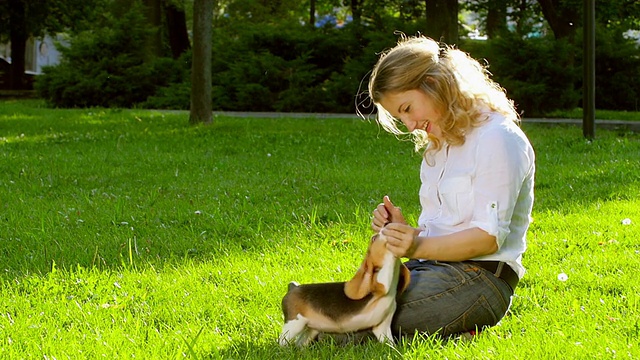 女孩和她的小猎犬在公园里玩耍。慢动作视频素材